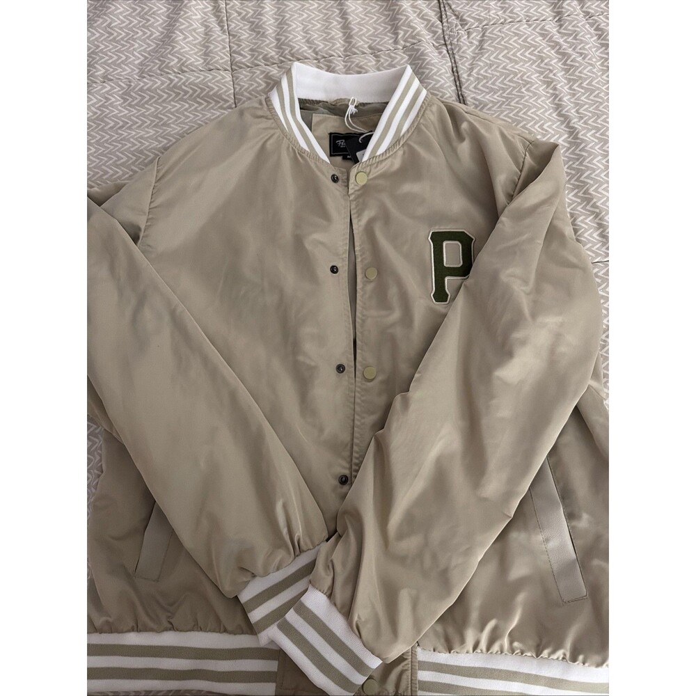 Primitive Men Jacket Med Biege Bomber Skateboard Logo Embroidered Full Zip NWT